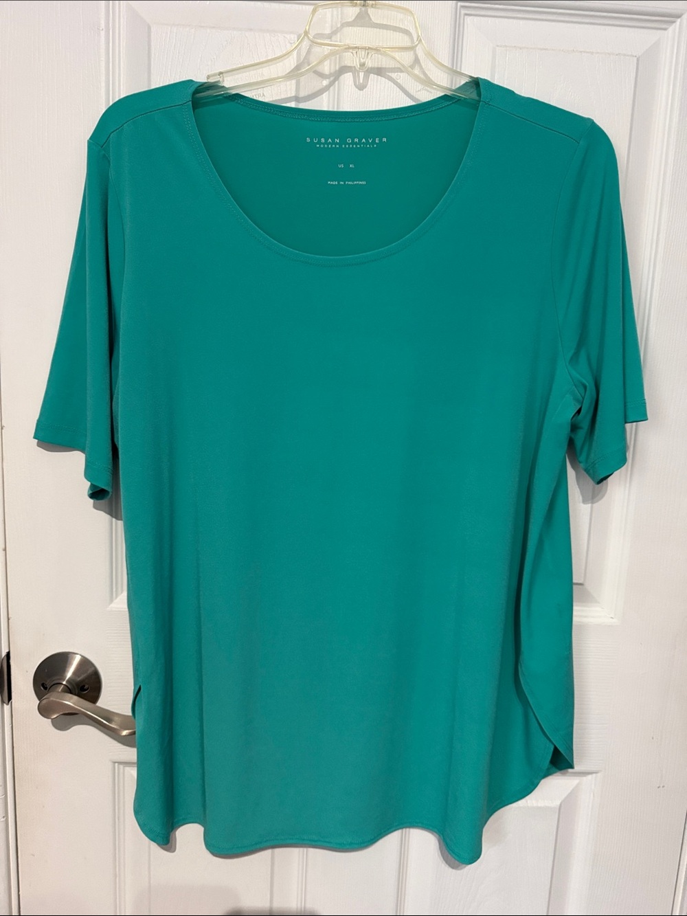 Susan Graver Teal Green Short-Sleeve Scoop Neck Top. Size XL.